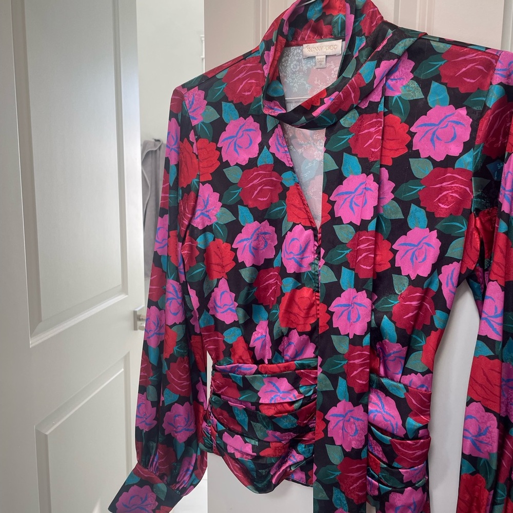 Ronny Kobo  floral pink blouse. Very flattering. Ties at neck